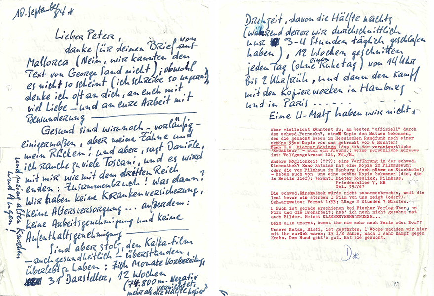 (3) & (4) Danièle Huillet and Jean-Marie Straub, letter to Peter Nestler September 10, 1984 (3) & (4) Danièle Huillet and Jean-Marie Straub, letter to Peter Nestler September 10, 1984