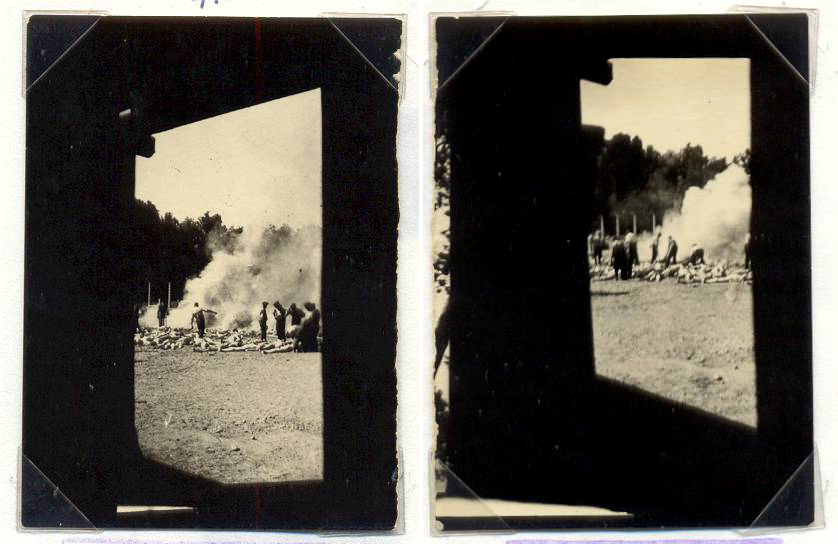 (7) & (8) De Sonderkommandofoto's zijn vier foto's die in het geheim in augustus 1944 zijn genomen door een lid van het Sonderkommando van het vernietigingskamp Auschwitz-Birkenau in Polen. (7) & (8) De Sonderkommandofoto's zijn vier foto's die in het geheim in augustus 1944 zijn genomen door een lid van het Sonderkommando van het vernietigingskamp Auschwitz-Birkenau in Polen.